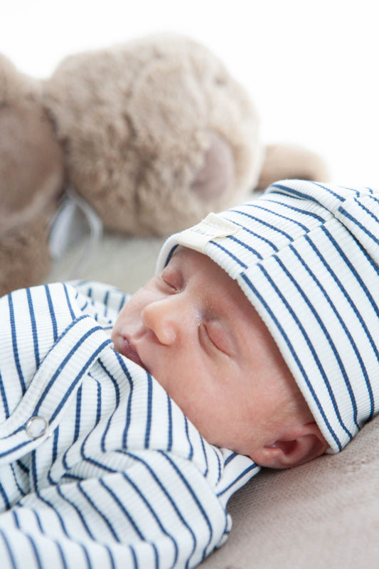 Babymütze Rippe blau gestreift