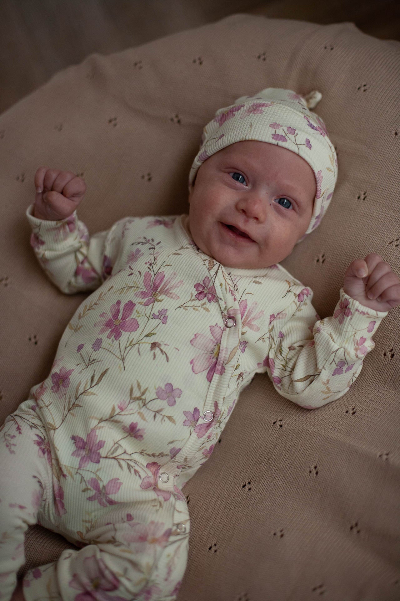 Baby romper rib pastel yellow with purple flowers